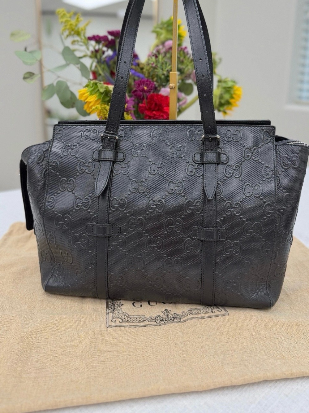 Gucci Black Embossed GG Leather Tote in Pristine Condition